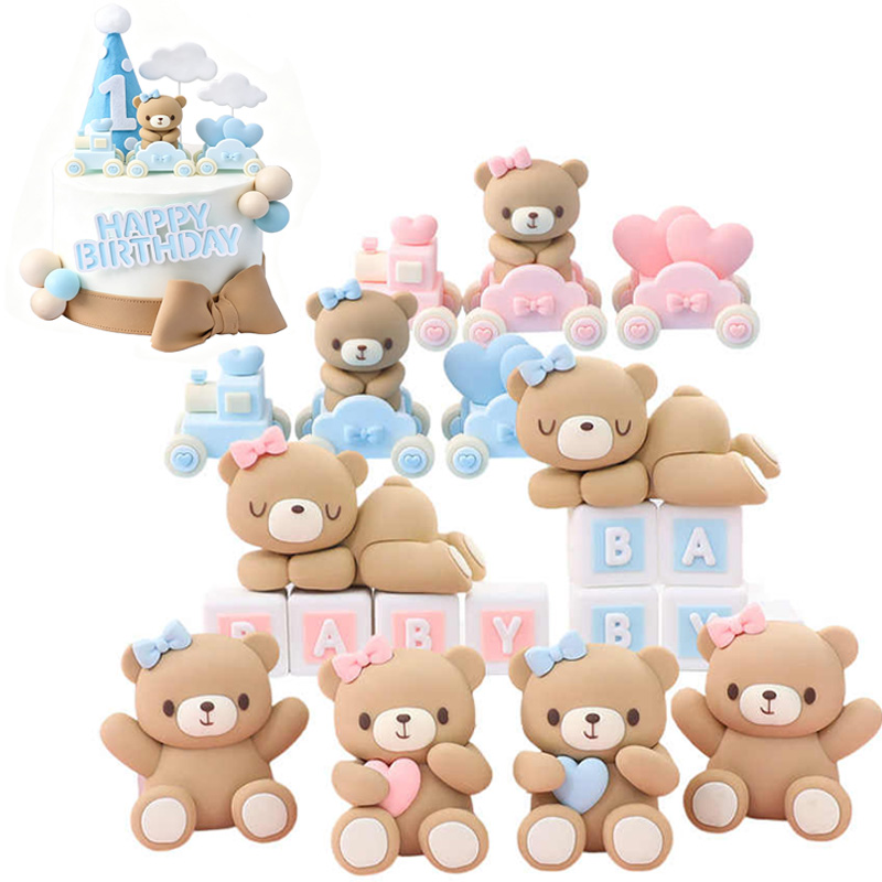 Resin Art Baby - 3D Różowo-Niebieski Niedźwiedź Topper na Tort